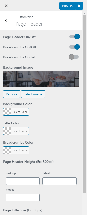 Page Header settings